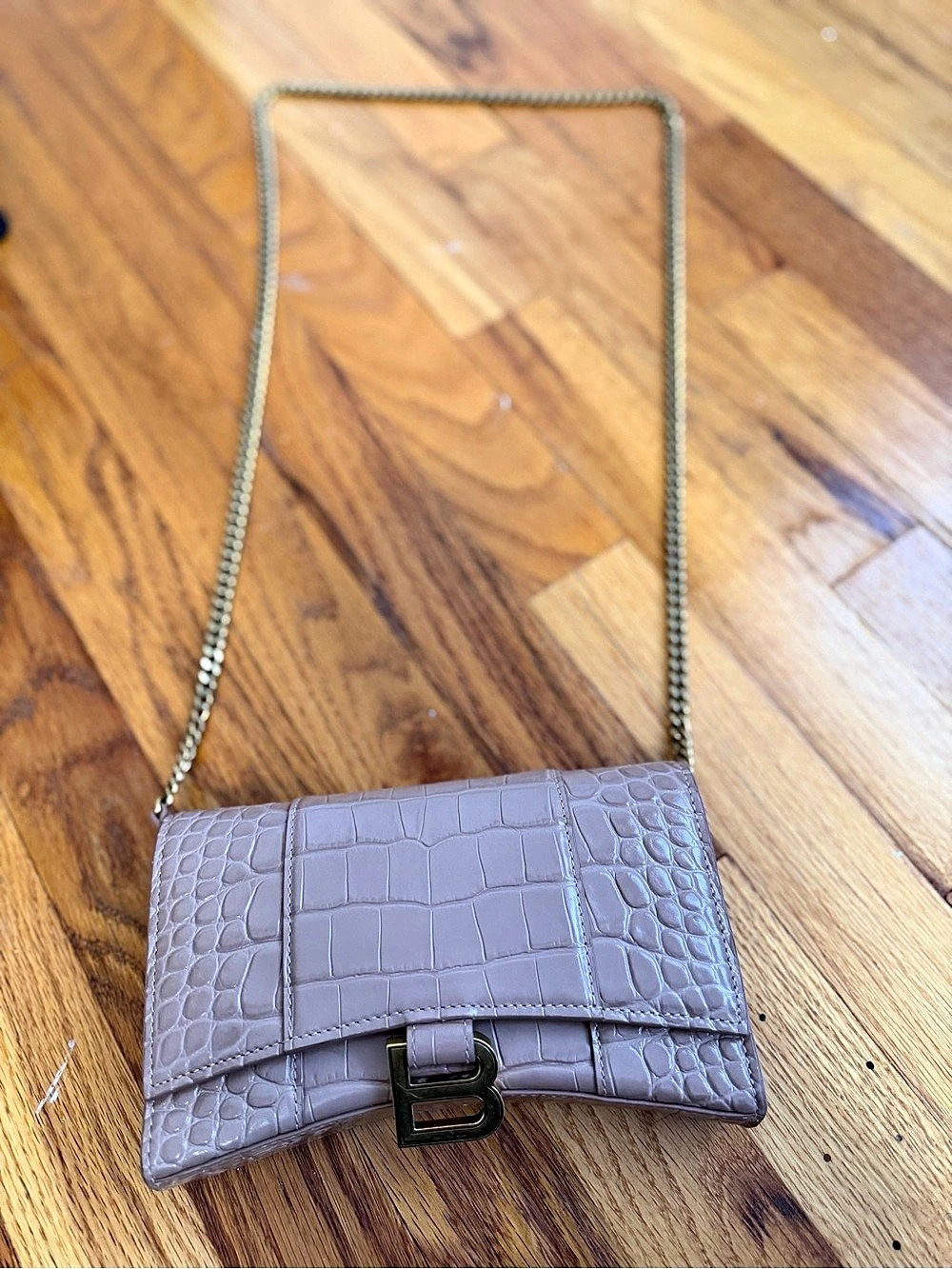 Balenciaga Hourglass Chain Wallet Croco Embossed Brown Crossbody Bag